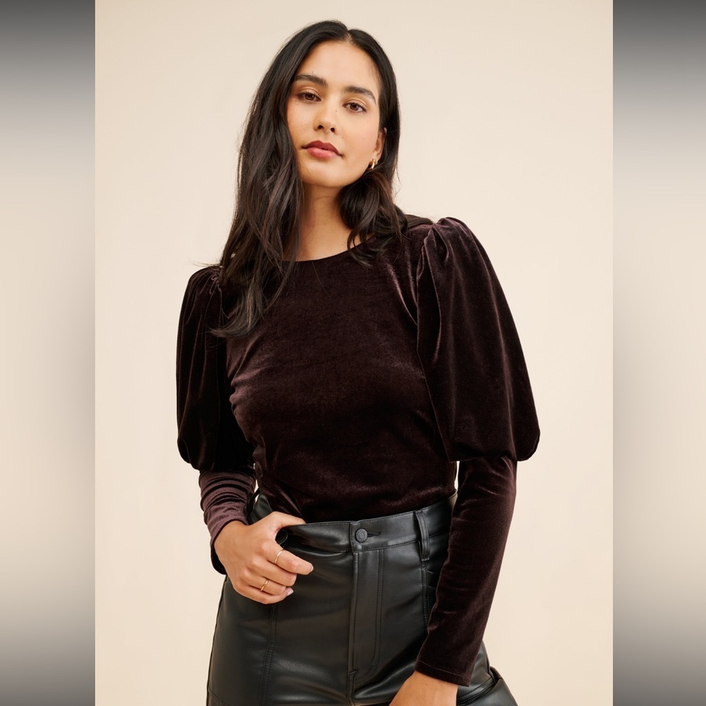 Sunday in Brooklyn Anthropologie Puff Sleeve Velvet Top Blouse Wine Maroon Sz L
